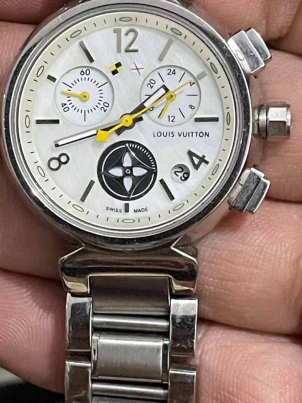 Louis Vuitton Silver and White Chronograph Watch with Yellow Accents